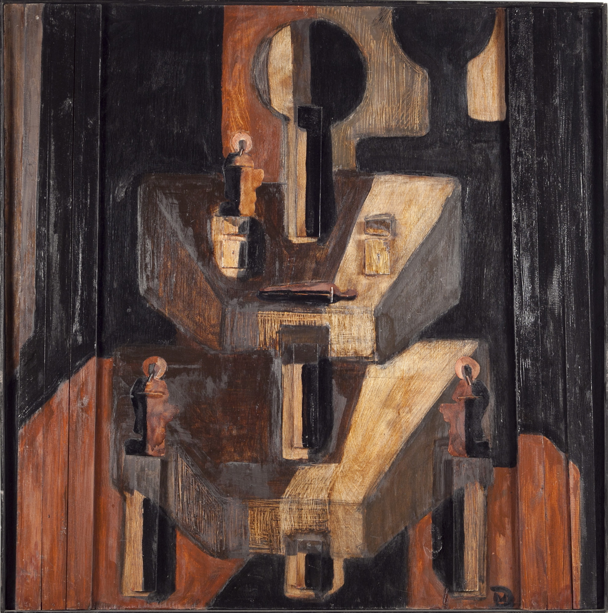 Painting in cubist style depicting an abstract human figure composed of geometric shapes in shades of brown, black, and beige. The figure is centrally positioned with layered rectangular and circular forms creating a fragmented, three-dimensional effect.