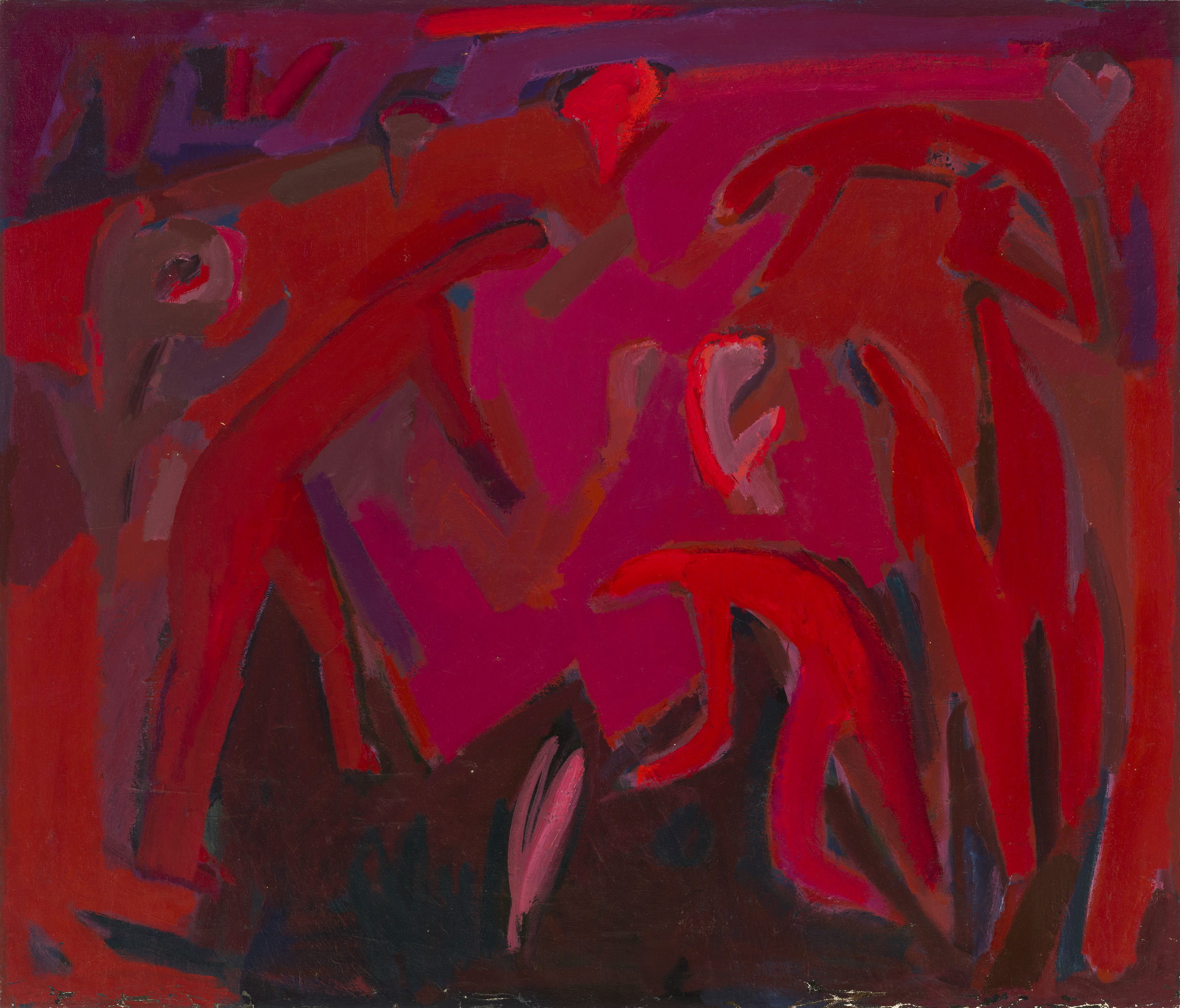 Abstract painting featuring bold red and dark purple shapes with hints of pink and black, creating dynamic, human-like forms in motion. Composition emphasizes contrast between vibrant red figures and darker background, evoking intense energy and movement.