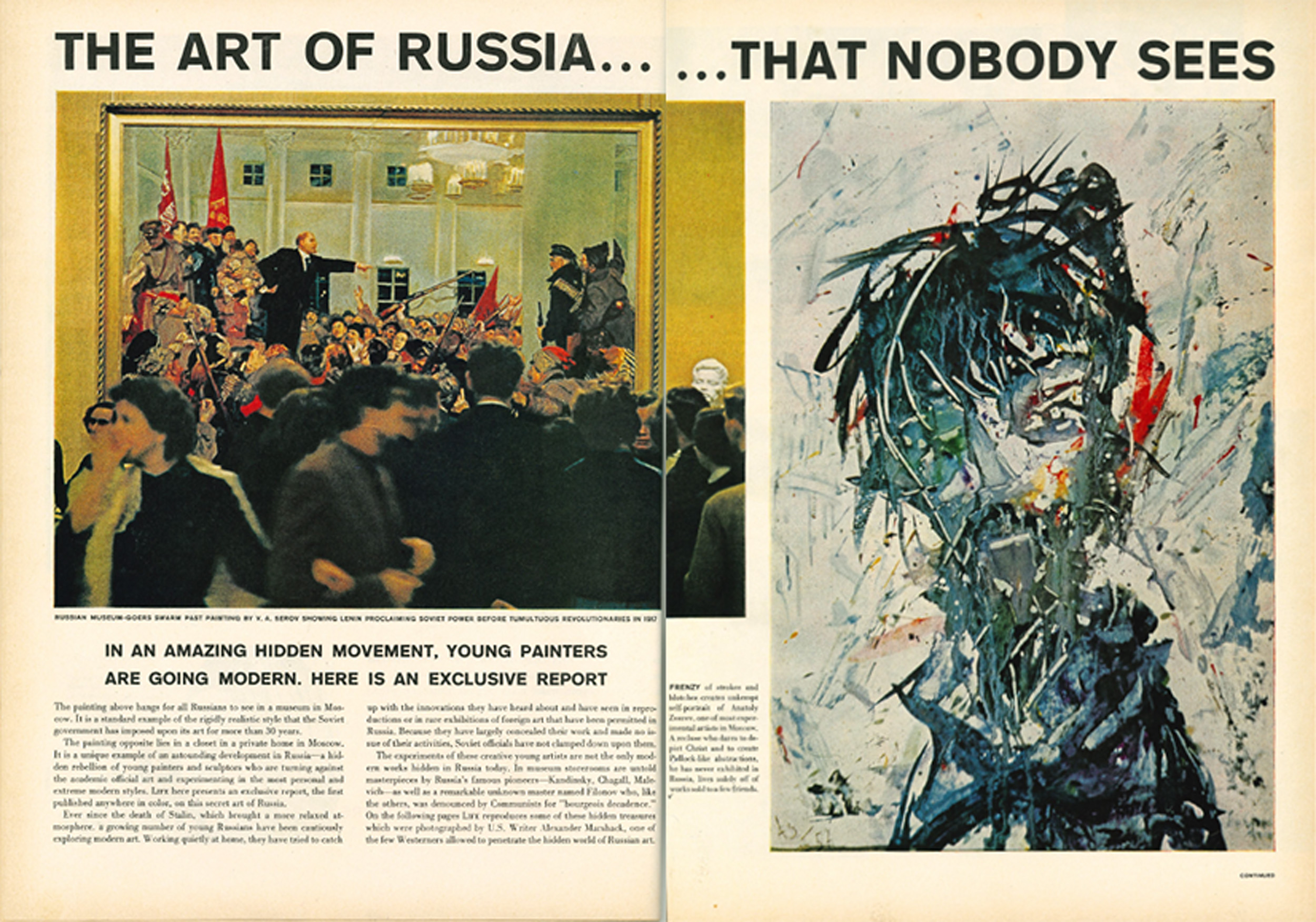 A two-page magazine spread featuring a photograph of a classical Russian painting on the left and a modern abstract portrait on the right, with bold headings "THE ART OF RUSSIA... THAT NOBODY SEES." The layout contrasts traditional and contemporary Russian art styles, highlighting a shift toward modernism with detailed captions and a mix of muted and vibrant colors in the artworks.